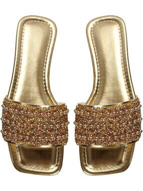 🆕 Women's Gold Pearl Rhinestone Slide Sandals Open Toe Flat Slippers Shoes